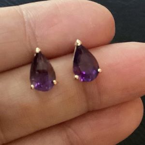 10K Solid Yellow Gold Natural Pear Shaped 9mm Amethyst Stud Earrings 1.42gm
